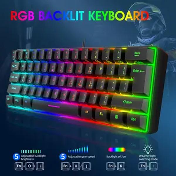 Teclado pequeno para jogos de computador com fio USB, 60%, cores múltiplas, 61 teclas, RGB 60%