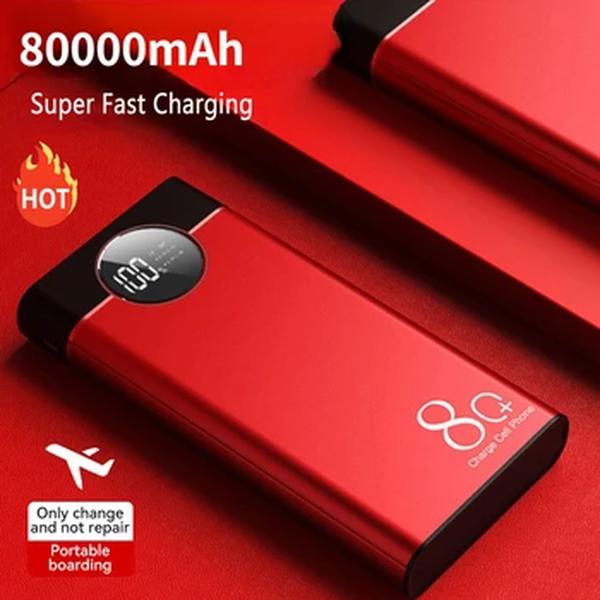 Banco de Potência de Carregamento Super Rápido, Carregador Portátil, Display Digital, Bateria Externa para iPhone, Xiaomi, Samsung, 80000mAh