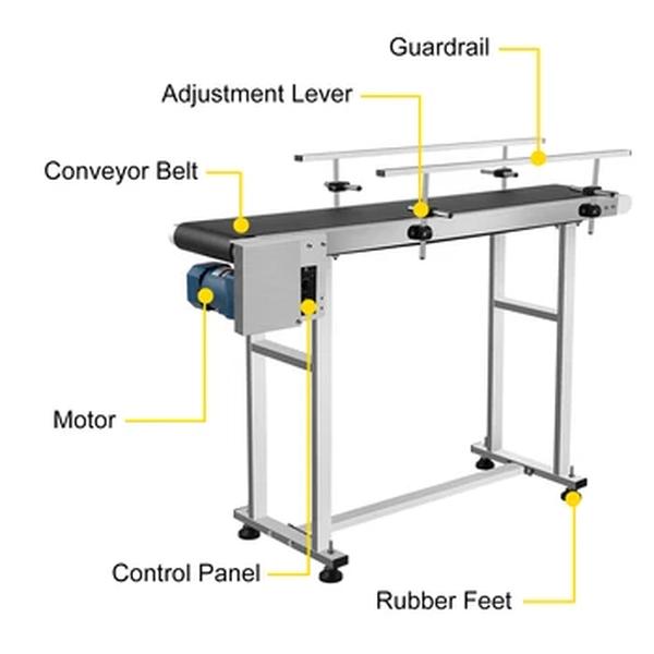 Vevor 150 cm máquina de correia transportadora de pvc 59 ''x 7.8'' com corrimão ajustável de aço inoxidável para industrial elétrico automático