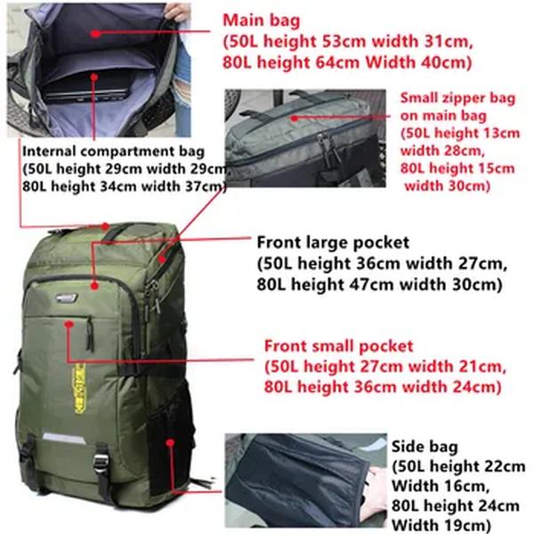 Mochila ao ar livre para homens e mulheres, mochila de viagem, esportes, camping, caminhadas, mochila escolar, mochila para homens e mulheres, 80L, 50L