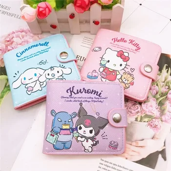 Mini carteira para mulheres e meninas, Porta-moedas com botões, pequena, curta, fofa, Disney, Kuromi, Cinnamoroll, Kawaii, carteiras dobráveis