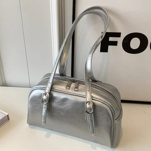 Bolsa de ombro feminina de couro PU, travesseiro feminino Boston Texture Bolsa casual de axilas, qualidade francesa, monocromática, luxo