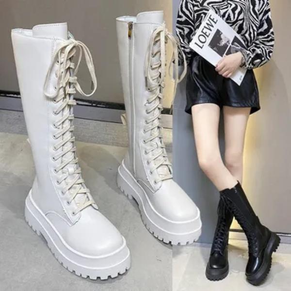 Botas de cavaleiro espessadas para mulheres, altura do joelho, longo, salto quadrado, retro, motocicleta, preto, branco, inverno, novo, 2021