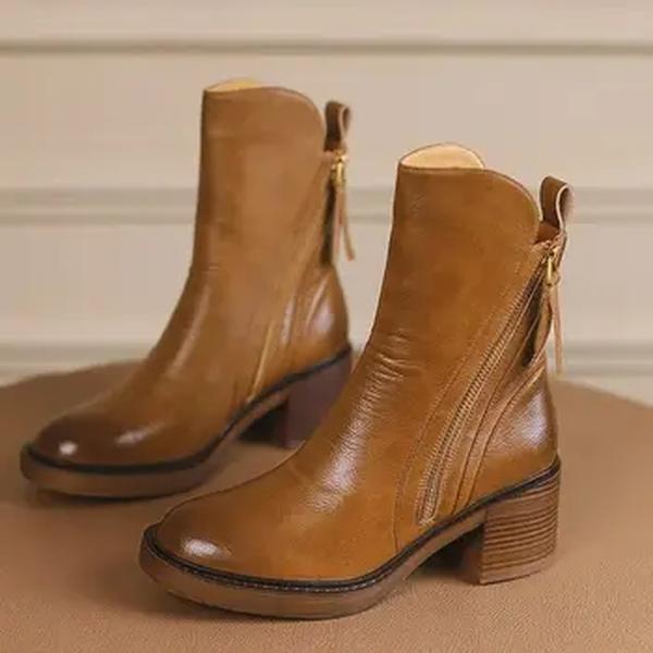 Botas de calcanhar robusto para mulheres, couro, curto, dedo do pé redondo, zíper, plataforma, sapatos femininos, outono, inverno, 2023