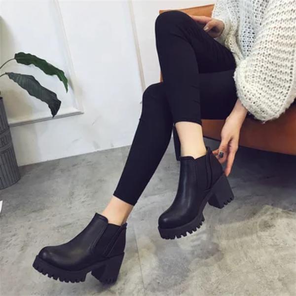 PU Leather Plush Ankle Boots para Mulheres, Chunky Booties, Sapatos de Plataforma Pretos, Moda Feminina, Outono, Inverno, M11-47