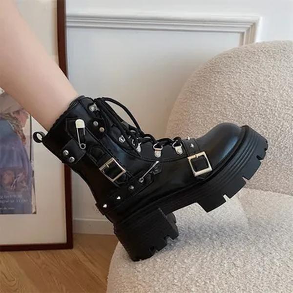 Botas de motociclista de couro envernizado para mulheres, zíper respirável, botas de plataforma Lolita, botas gótico retrô, moda inverno, novo, 2023