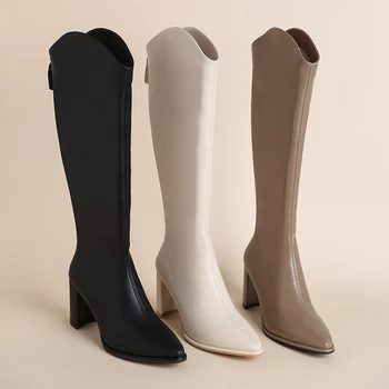 Mais tamanho 34-43 novas botas femininas zíper grosso saltos altos simples grossos saltos altos outono inverno botas joelho altas botas