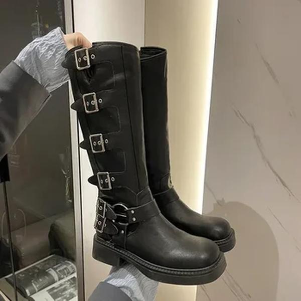 Botas de plataforma alta para mulheres, calçado de motocicleta, salto baixo, punk, gótico, rock, couro, tendência da moda, novo