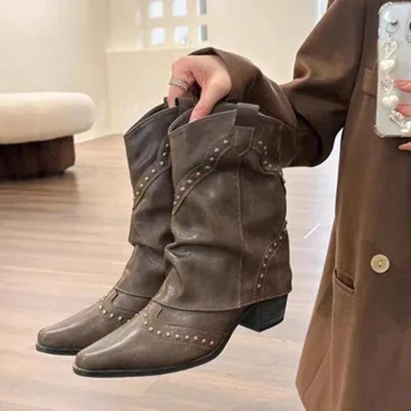 Botas góticas de bezerro médio com rebite feminino, salto grosso retrô, sapato de cowboy ocidental, dedo do pé baixo, rock, novo, outono, inverno, 2023