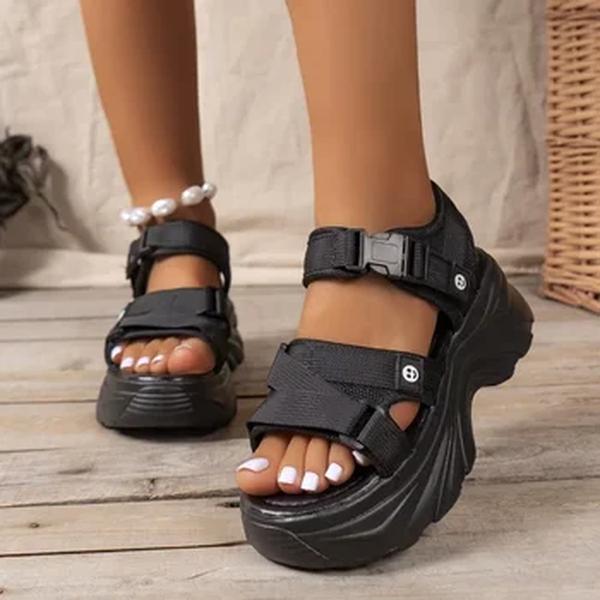 Sandálias femininas Open Toe de alta qualidade, monocromáticas, casuais, salto médio, fivela, sapatos femininos, novo, verão, 2024