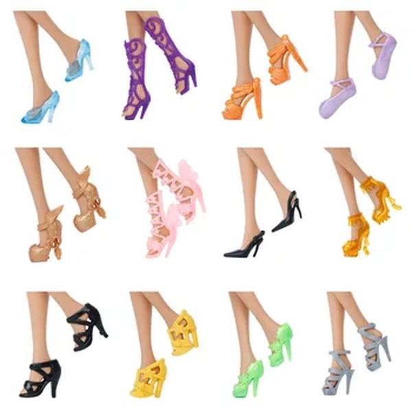 Sandálias sortidas para bonecas Barbie, acessórios de salto alto, roupas para brinquedos do bebê, estilo misto, moda aleatória, colorido, 12 pares
