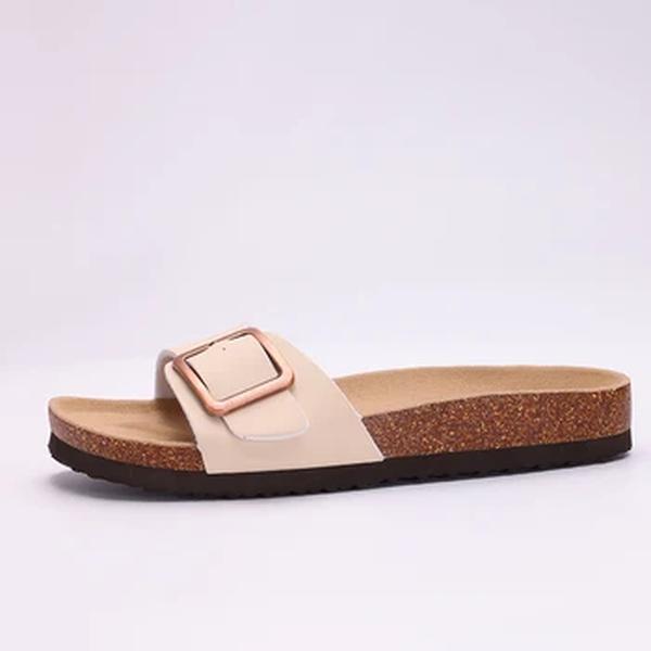 Kidmi-Chinelos de Verão Feminino, Sandálias Planas, Mulas de Cortiça, Escorregas para Praia, Fivela Dupla, Exterior, 2024