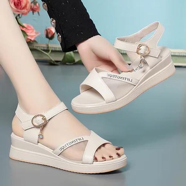 Sandálias Femininas Cunha De Sola Grossa Verão Sapatos Baixos Salto Médio Salto Grosso Couro Genuíno Plataforma Sapatos Da Mãe Fivela Sapatos