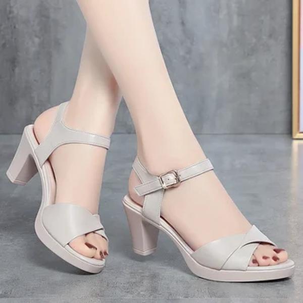 Sapatos de salto alto Peep Toe de couro macio para mulheres, salto grosso casual, plataforma impermeável, peso leve, confortável, mãe, verão