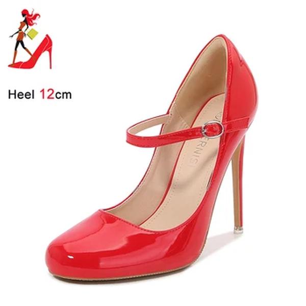 Bombas de fivela de couro PU para mulheres, dedo redondo, salto agulha, sapatos de festa, senhora do escritório, preto, tamanho grande, primavera, outono, 12cm