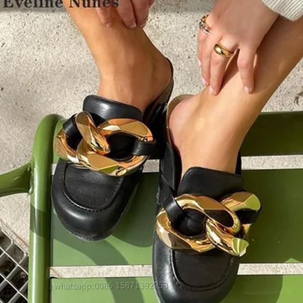 Fivela de metal corrediças de corrente de ouro para mulheres, sandálias planas redondas, slingback sólido, slip on, mulas retrô patchwork, verão casual