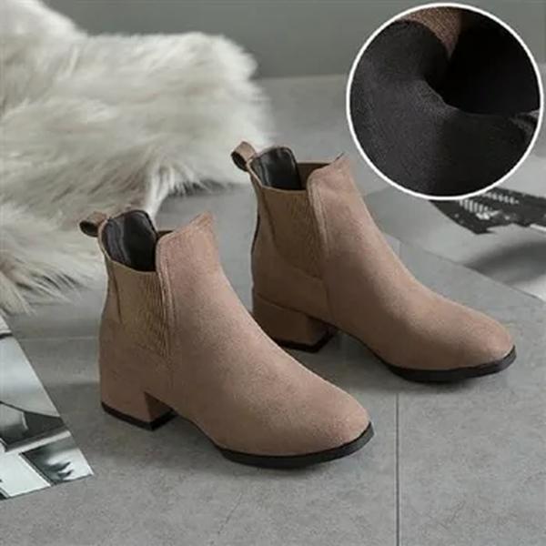 Botas flocadas antiderrapantes para mulheres, botas de plataforma, salto quadrado, cabeça redonda, monocromática, preto, tamanho 35-43, moda, outono, inverno