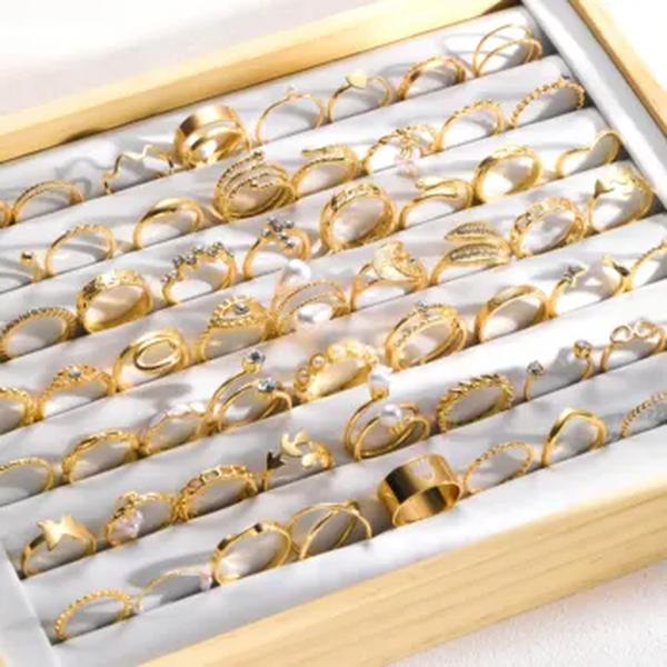 Conjunto de anéis geométricos de brilho largo para meninas e mulheres, estilo metal, joias da moda, presente versátil, moda casual e diária, 66 peças