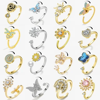 SMJEL Fidget Spinner Ring Para Mulheres, Cristal Múltiplo, Olho de Flor, Borboleta, Animal, Anti Stress, Jóias De Casamento, Ansiedade