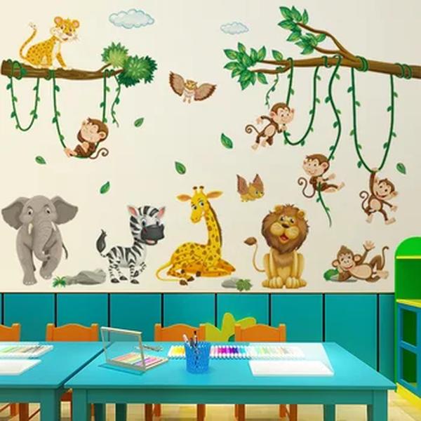 Floresta Cartoon Animal World Wall Sticker, decoração do quarto do bebê, parede de fundo, quarto de criança, 1 pc