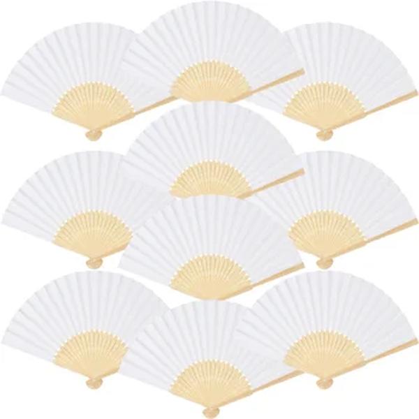 Ventilador de bambu chinês portátil, ventilador de papel dobrável, presentes de casamento para convidados, decoração de aniversário, pintura infantil, branco, 10 pcs, 20 pcs, 30pcs