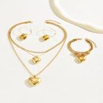 Cor do ouro Conjuntos de Jóias Dupla Cadeia para Mulheres, Solide Pingente De Coração, Colar Brincos, Pulseiras, Presente De Casamento, 3Pcs