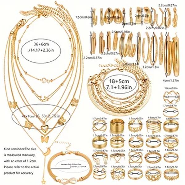 Conjunto de jóias de metal banhado a ouro para mulheres, colar, argola, brincos, anéis, pulseiras, acessórios, sem caixa incluída, maximum mix, 58pcs