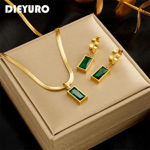 DIEYURO-Conjunto de brincos e colares de aço inoxidável para mulheres, zircão de cristal verde, joalheria não desbotada, quadrado, menina, nova moda, 316L