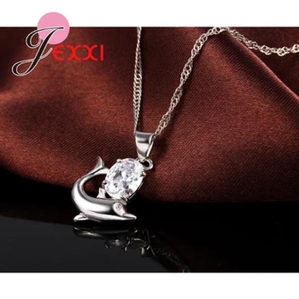 Moda conjunto de jóias de cristal austríaco 925 prata esterlina doce dolphin pingente colar laço brincos conjuntos para mulher