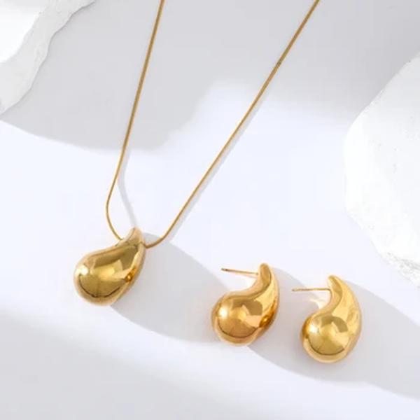 GANEMLY-Conjunto de brincos e colares Waterdrop brilhantes para mulheres, joias com charme impermeável, banhado a ouro 18k, aço inoxidável 316L, moda