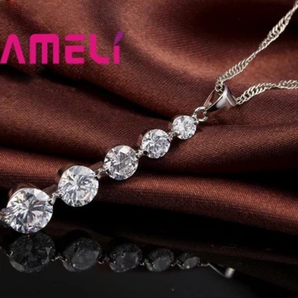 925 Sterling Silver Brincos Longos e Colares Conjunto para Mulheres, Jóias De Casamento, Cor De Cristal, Pingentes