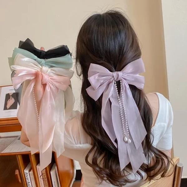 Elegant Bow Ribbon Hairpin para Mulheres, Borlas Longas, Pearl Pin, Bowknot, Stain Hair Clip, Headband Retro, Girl Hair Accessories, Jewelry