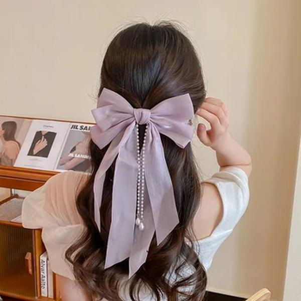 Elegant Bow Ribbon Hairpin para Mulheres, Borlas Longas, Pearl Pin, Bowknot, Stain Hair Clip, Headband Retro, Girl Hair Accessories, Jewelry
