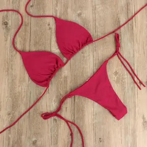 Halter Neck Strap Thong Bikini Set para mulheres, maiô monocromático, biquínis sexy, maiô, moda praia, 2 pcs set, 2024