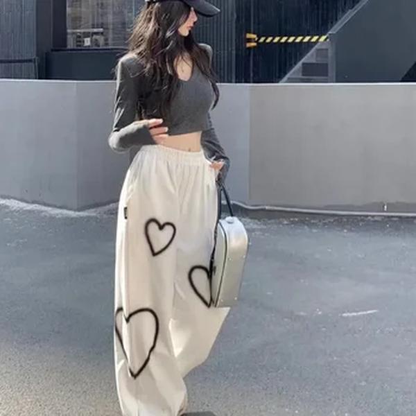 Perneira esportiva feminina de coração branco, solta, calça casual preguiçosa, simples, outono, nova, 2022
