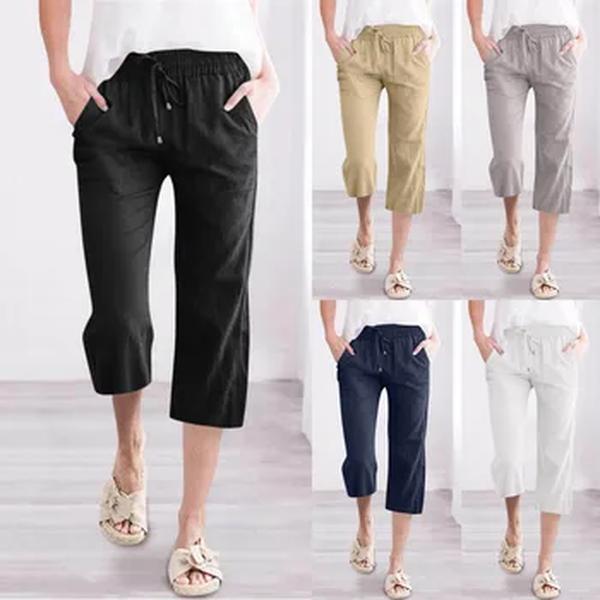 Calça feminina de algodão linho, capris clássico, calça bandagem, bolso duplo, moda de férias de praia de verão, monocromática