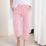 Calças de jogging de linho de algodão feminino, calças soltas, bandagem, bolso duplo, monocromático, clássico, streetwear lazer