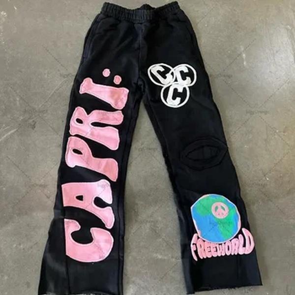 Calças bordadas de grandes dimensões para homens e mulheres, calça de malha hip-hop Y2K na moda, calça casual solta, perna larga, europeia e americana, nova