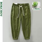 Calça casual com cordão masculina, reta, roupa de linho e algodão, fina e respirável, cor sólida, nova, primavera, verão, C3501