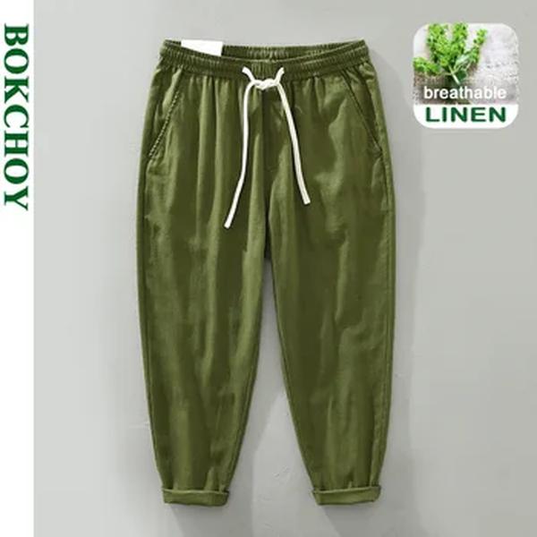 Calça casual com cordão masculina, reta, roupa de linho e algodão, fina e respirável, cor sólida, nova, primavera, verão, C3501
