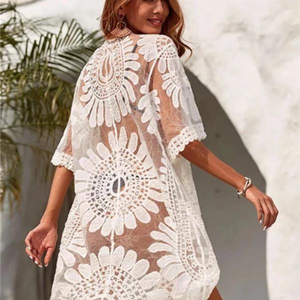 Flor Lace Cover-ups Beachwear Cardigan Branco Beach Cover Ups para Swimwear Mulheres Saídas De Banho Outfits Sólido Malha Desgaste Coverup