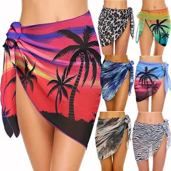Sarongs curtos estampados para mulheres, cobertura de maiô, envoltório de biquíni de praia, saia curta pura, lenço de chiffon, coberturas para banho, verão