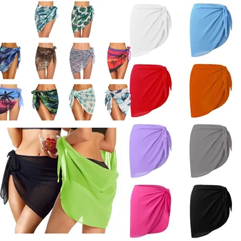Maiô sarong feminino, envoltório de biquíni de praia, saia curta pura, cachecol de chiffon, moda praia, verão, sólido