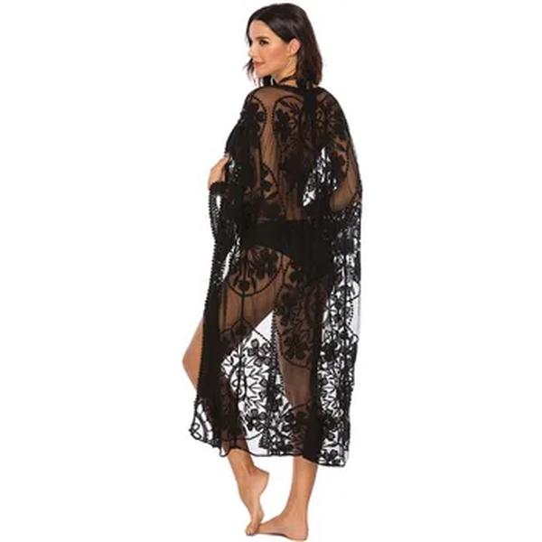 Fato de banho feminino Floral Lace Sheer Flowy, Beach Cover Ups, Quimono Longo Aberto, Cardigan