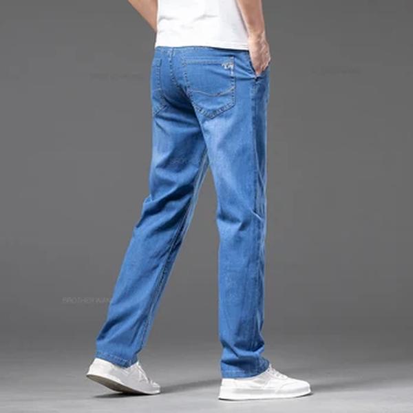 Calça jeans reta de estiramento fina masculina, tamanho grande, calça jeans clássica, preta, azul, de negócios, casual, solta, marca, verão