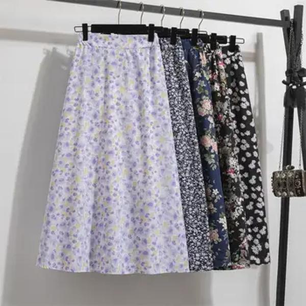 Saias longas de chiffon para mulheres, estampadas florais, cintura elástica, casual, solta, estendida, primavera e verão