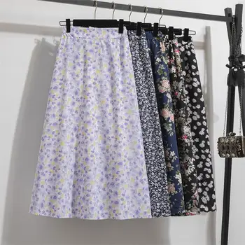 Saias longas de chiffon para mulheres, estampadas florais, cintura elástica, casual, solta, estendida, primavera e verão