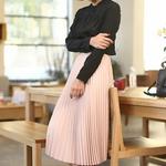 Saia plissada de cintura alta feminina, metade do comprimento, elástica, preta, rosa, monocromática, nova moda, senhora, promoção, primavera, outono