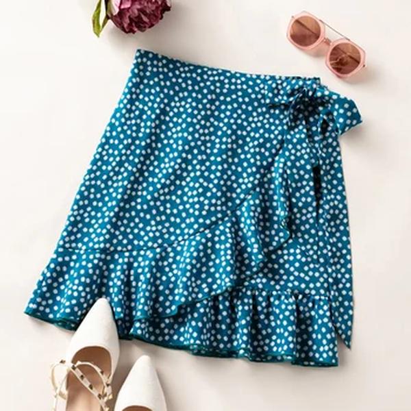 Mulheres Bolinhas Meia Saia Babados, Laço Floral, Curto, Solto, Lrregular