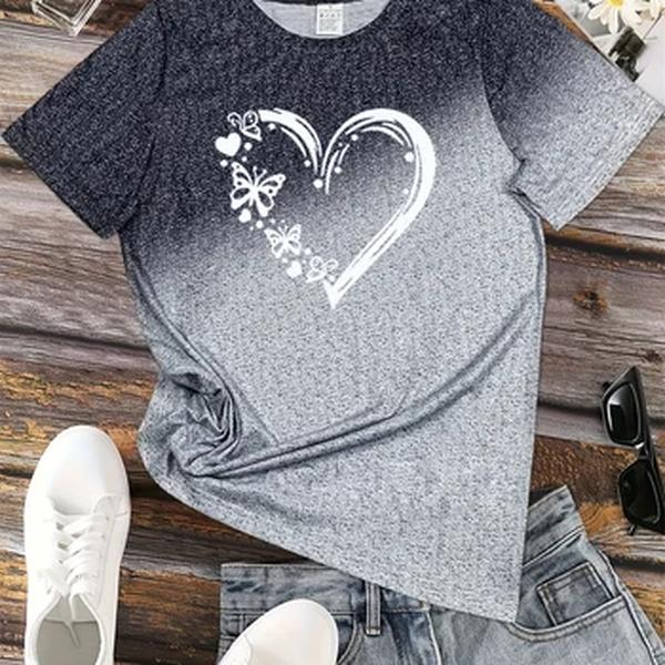 Camiseta grande com estampa de coração feminina, blusa com gola redonda, blusa original, roupas da moda, camiseta de verão, novo estilo, 2024